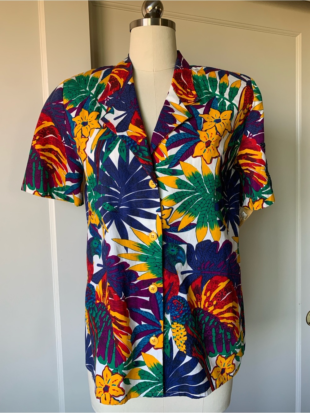 80’s Helene’ Sidel Bood Tropical Parrot Print Button-Down Shirt
